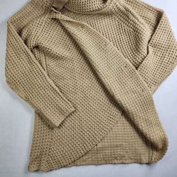 Grecerelle Cowl Neck Women's Small Asymmetric Wrap Sweater Chunky Pullover Tan - Picture 4 of 11
